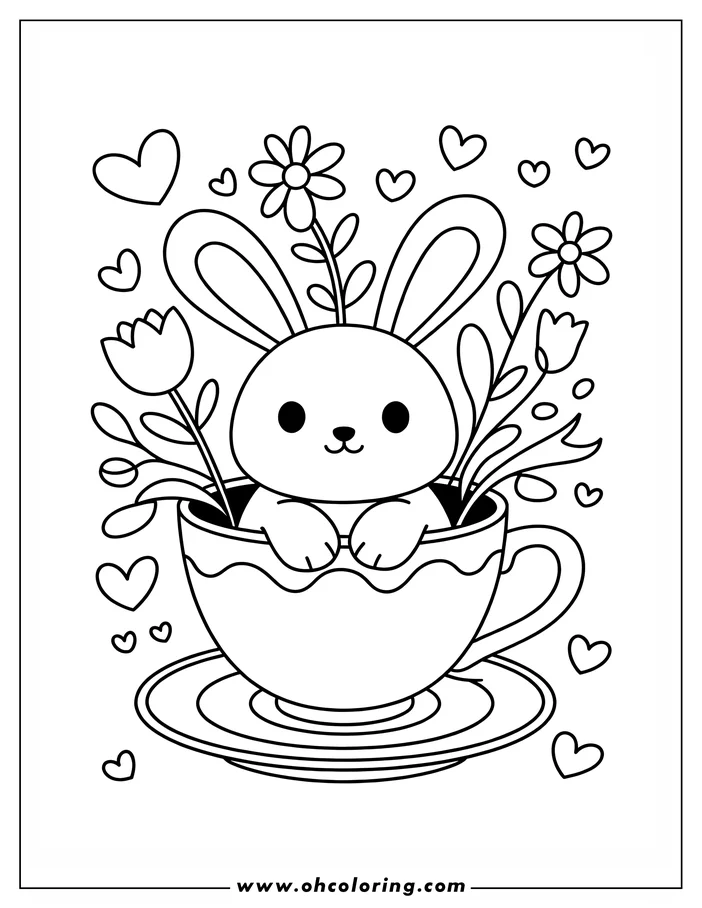 Outline of a cute bunny sitting in a teacup with flowers and hearts