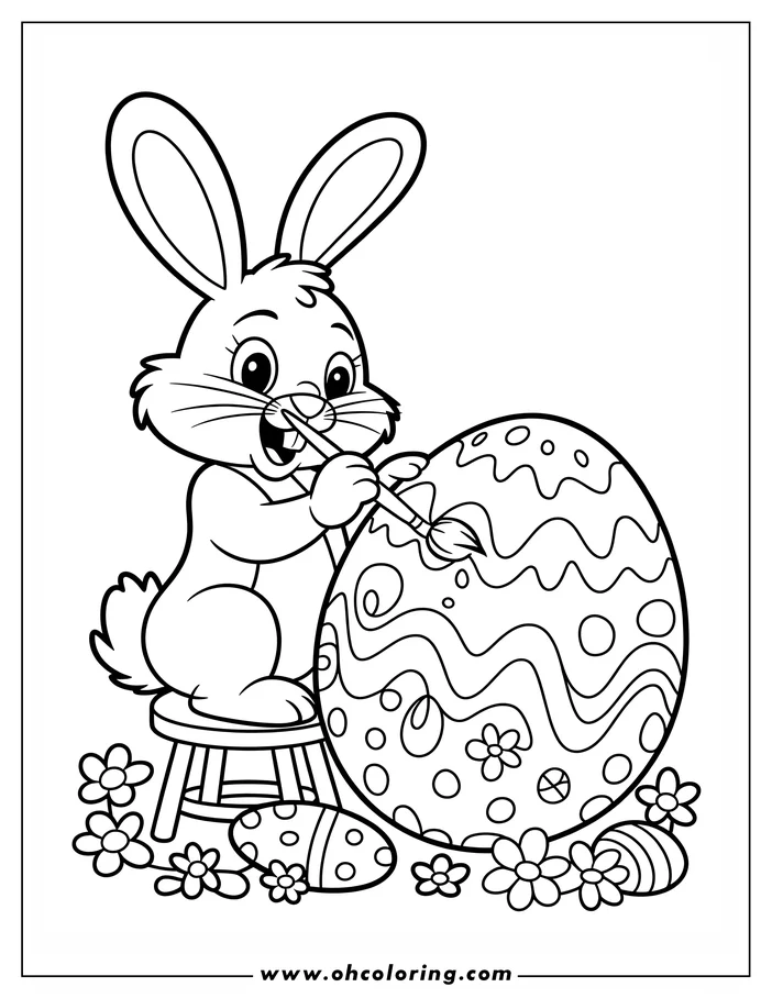 Line art of an Easter bunny sitting on a stool and painting a large Easter egg. The bunny looks happy, and there are flowers and smaller eggs at the base of the large egg. This is a coloring sheet design.