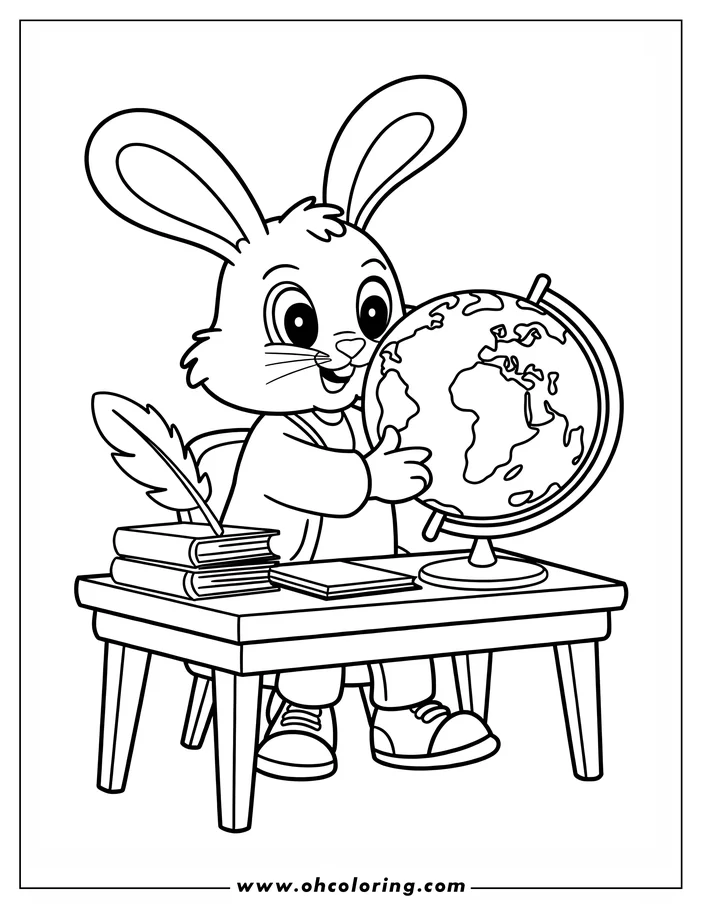 Line art of a bunny looking at a globe, sitting at a table with books and a quill.