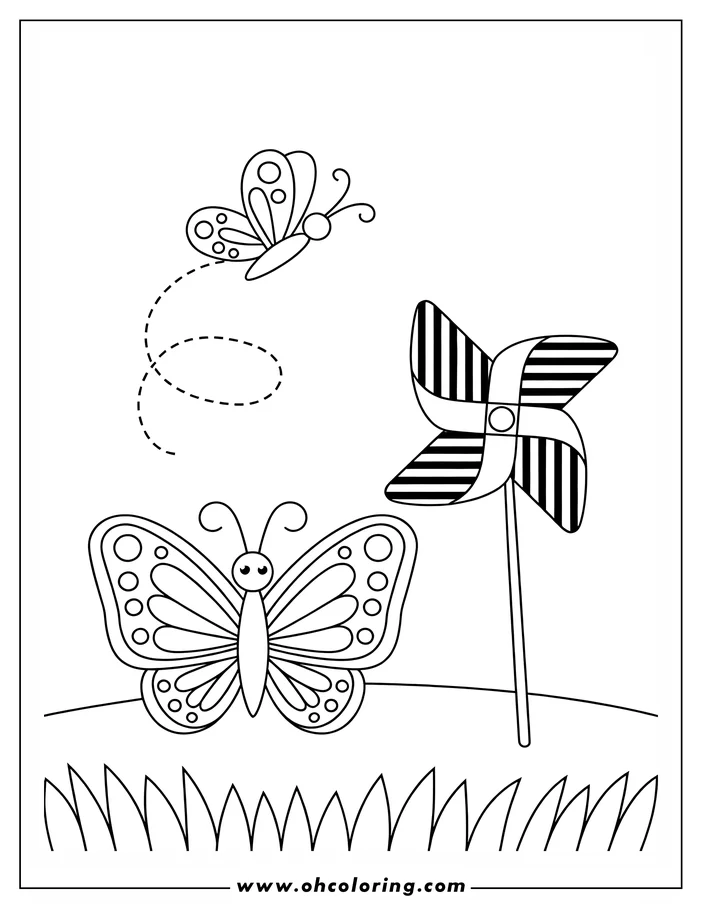 Line art of two butterflies and a pinwheel. A larger butterfly rests on the grass, while a smaller one flies above.  The pinwheel stands tall with striped blades.