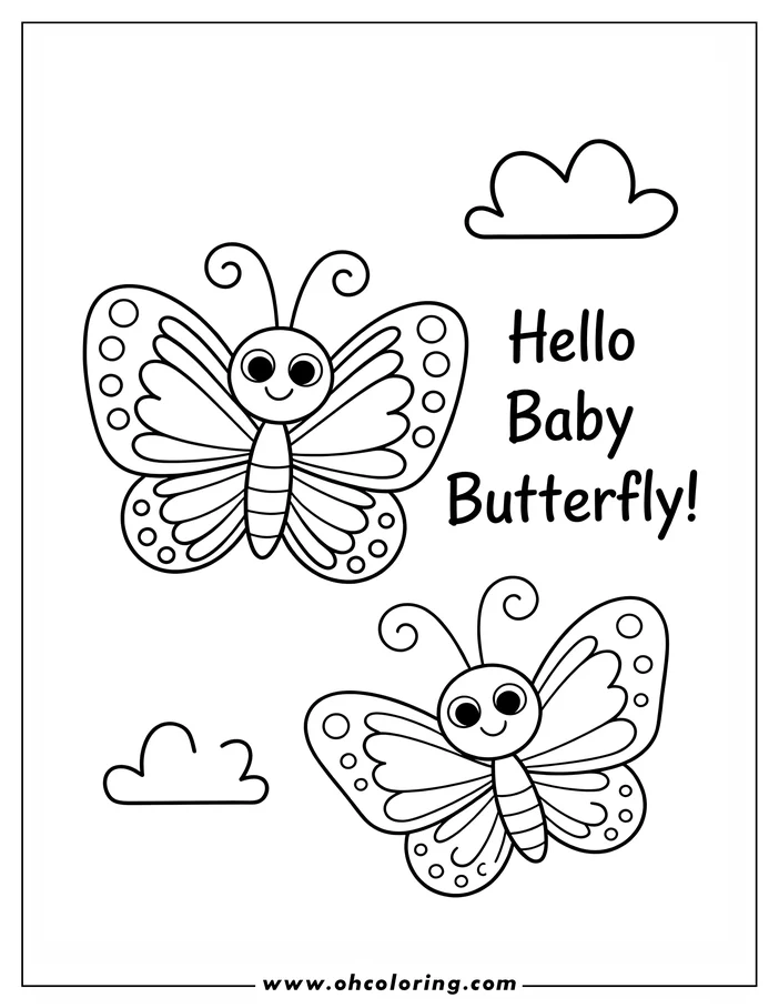 Two simple cartoon butterflies with large eyes and patterned wings, flying near small clouds.