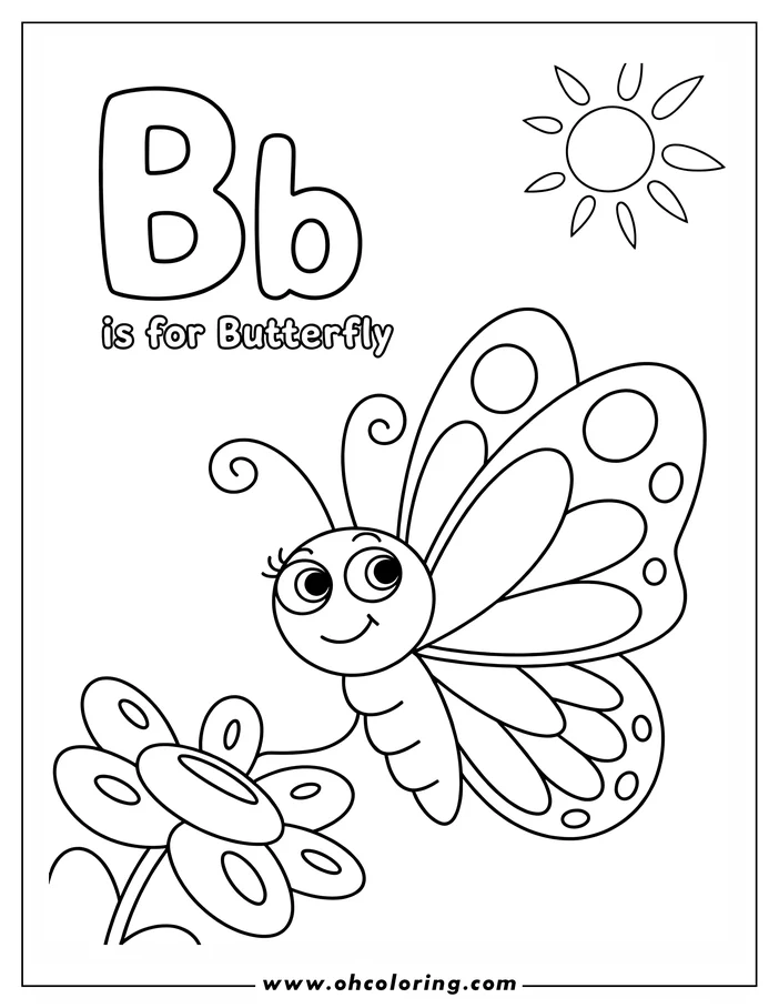 Outline of a friendly butterfly with spots on its wings near a simple flower, with a sun in the background.