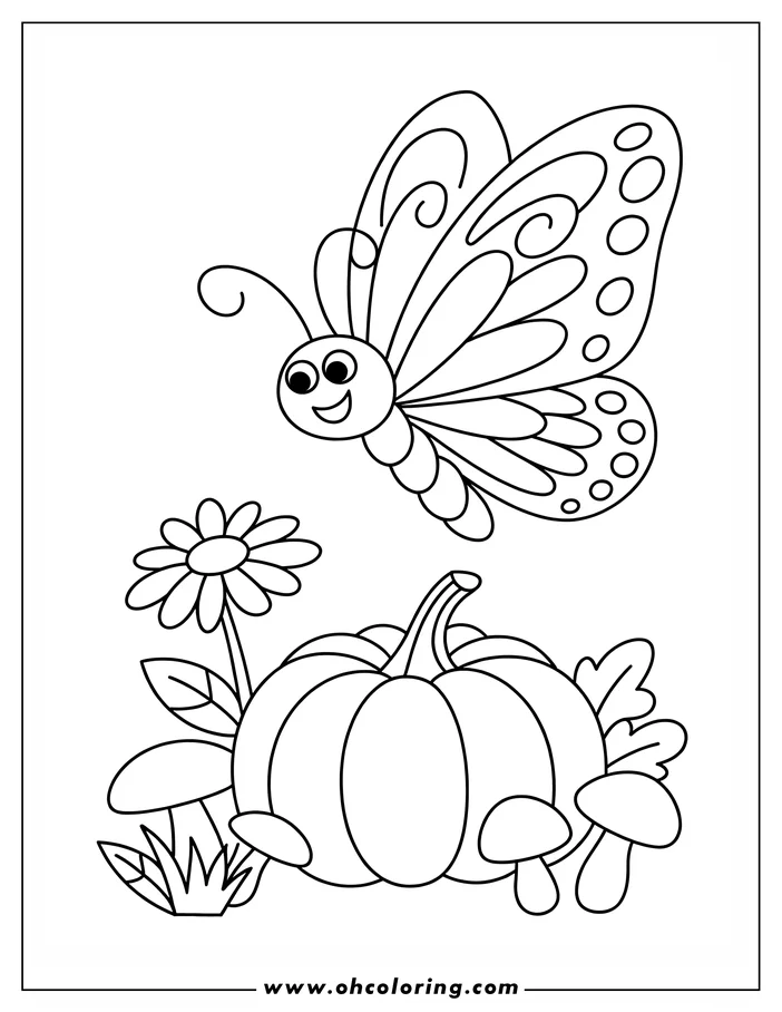 Line drawing of a butterfly above a pumpkin, mushroom, leaves, and a daisy.