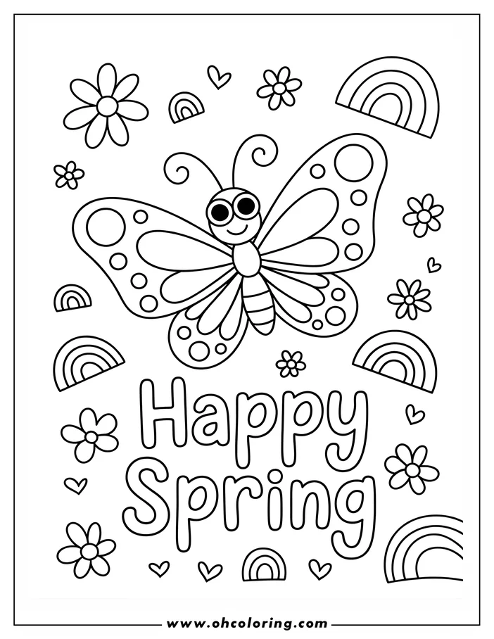 Line art of a smiling butterfly with patterned wings, surrounded by flowers, rainbows, and hearts, with the words "Happy Spring" below.