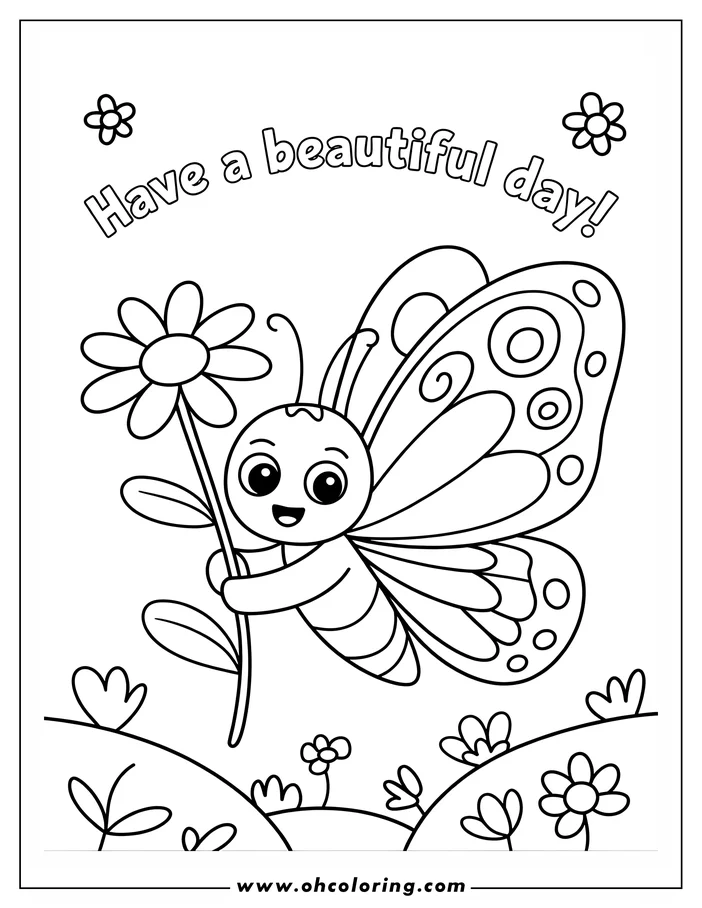 Outline of a cheerful cartoon butterfly holding a daisy flower in a simple outdoor setting.