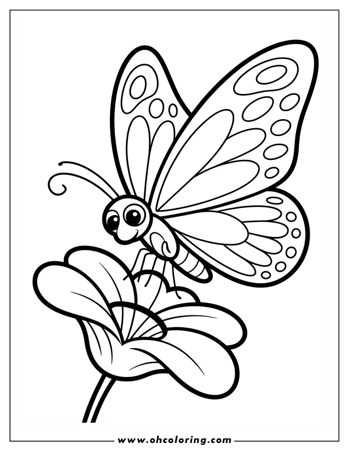 Outline of a cartoon butterfly sitting on a flower. The butterfly has large eyes and decorative wings.