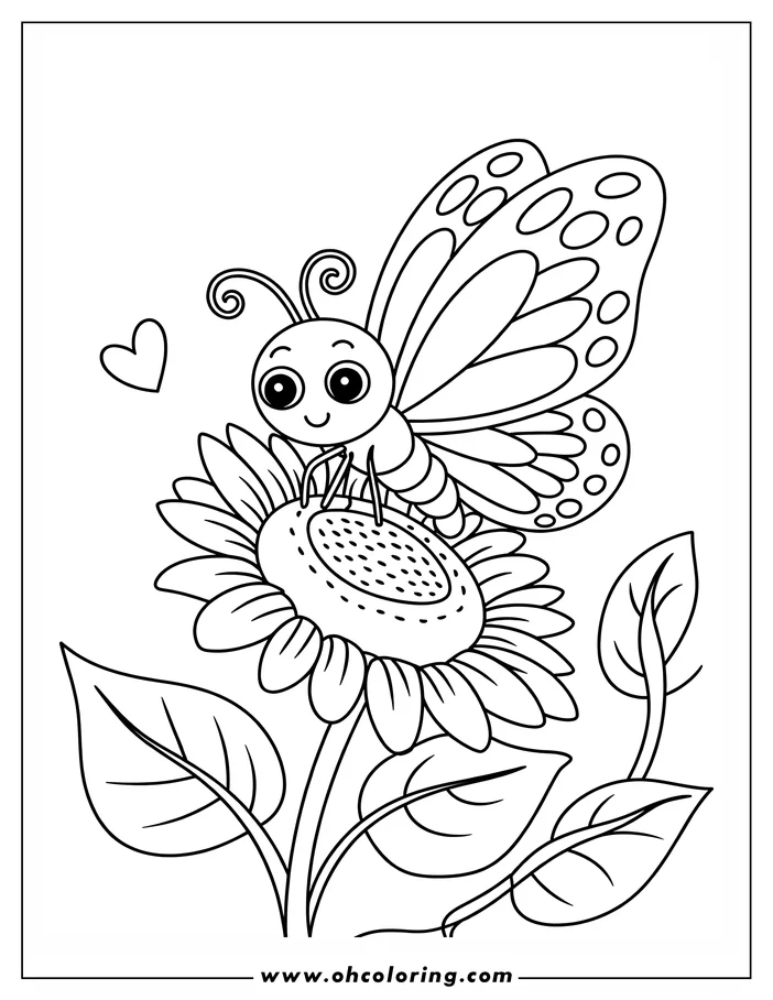 Outline of a cartoon butterfly resting on a sunflower, with a small heart nearby