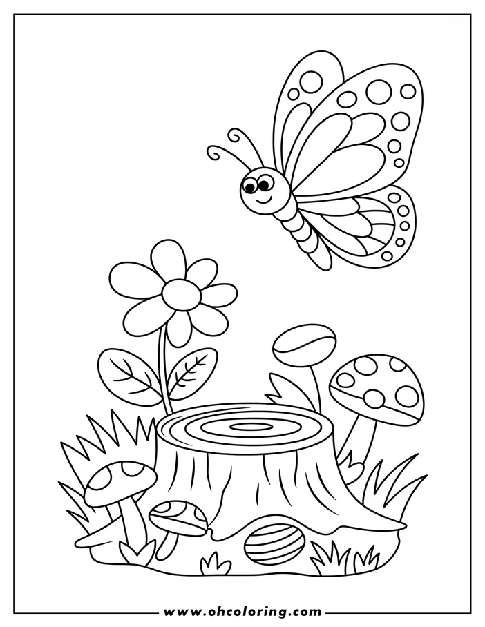 Outline of a butterfly flying above a tree stump, with mushrooms and a daisy growing around the base.