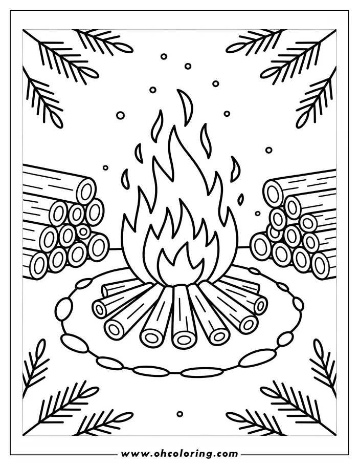 Line art of a cozy campfire scene. Several logs are arranged in a circle, with bright flames rising above them.  Stacks of additional logs flank the fire.  Pine branches decorate the corners, creating a winter or holiday feel. This is a design for a coloring sheet.