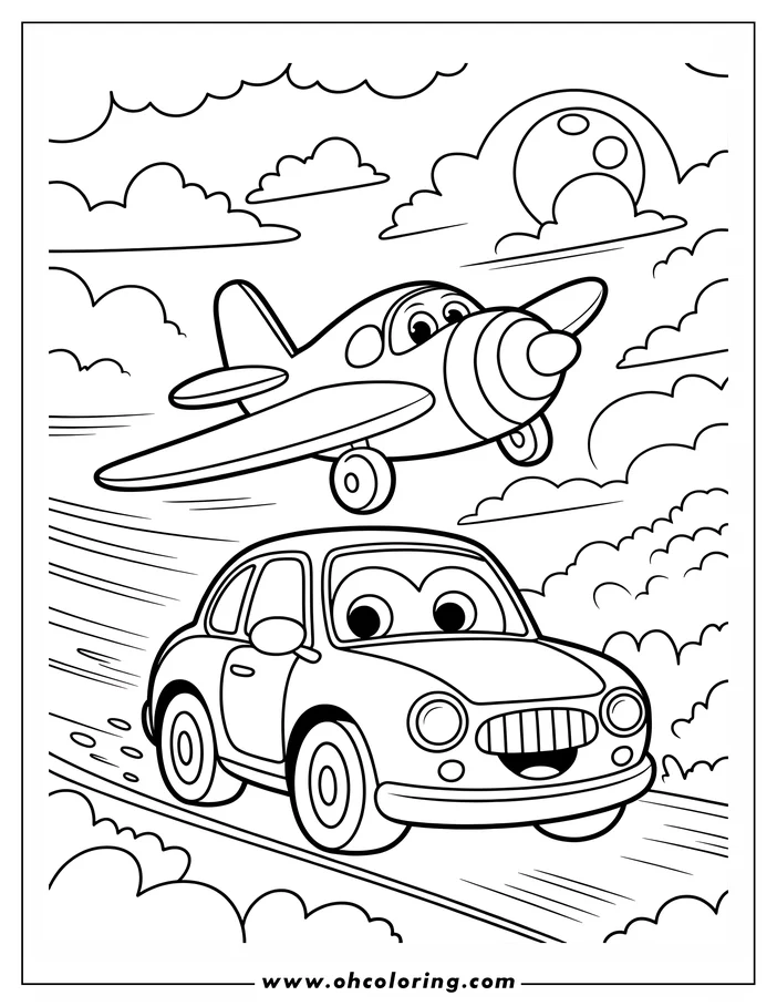 Outline of a smiling car on a road with a smiling airplane flying overhead against a cloudy sky