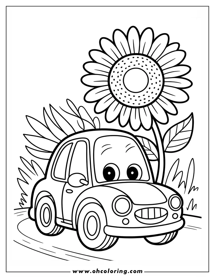 Line art of a smiling cartoon car driving near a tall sunflower. The car has large round headlights and a simple design.