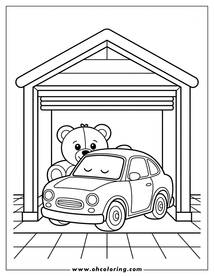 Outline of a car parked inside a garage with a teddy bear sitting behind it.