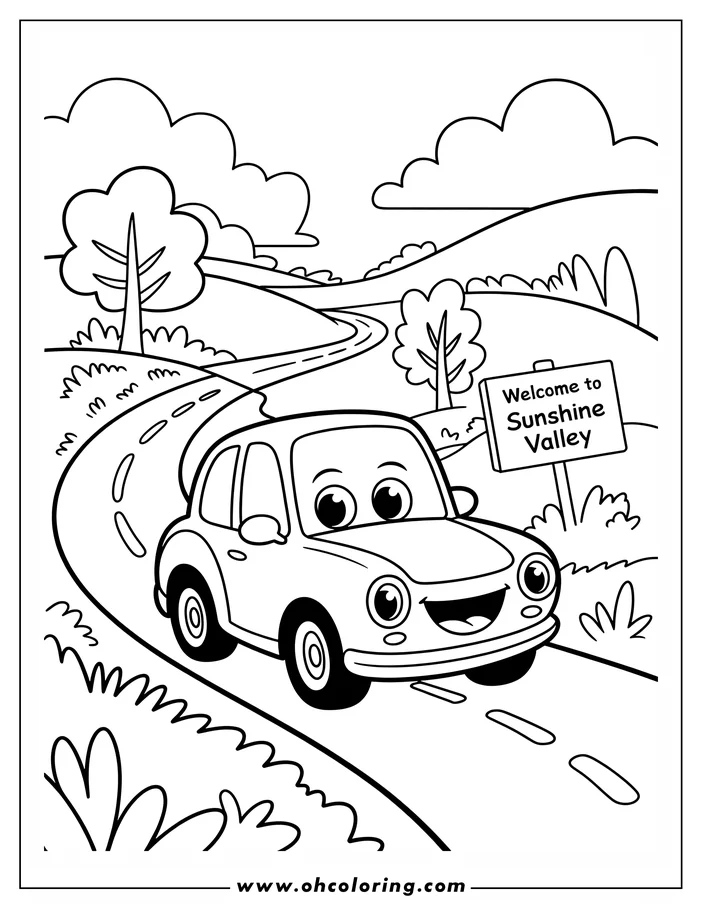 Outline of a cheerful car driving into Sunshine Valley, passing a welcome sign.