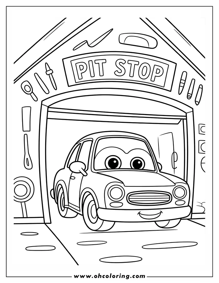 Outline of a cartoon car at a pit stop