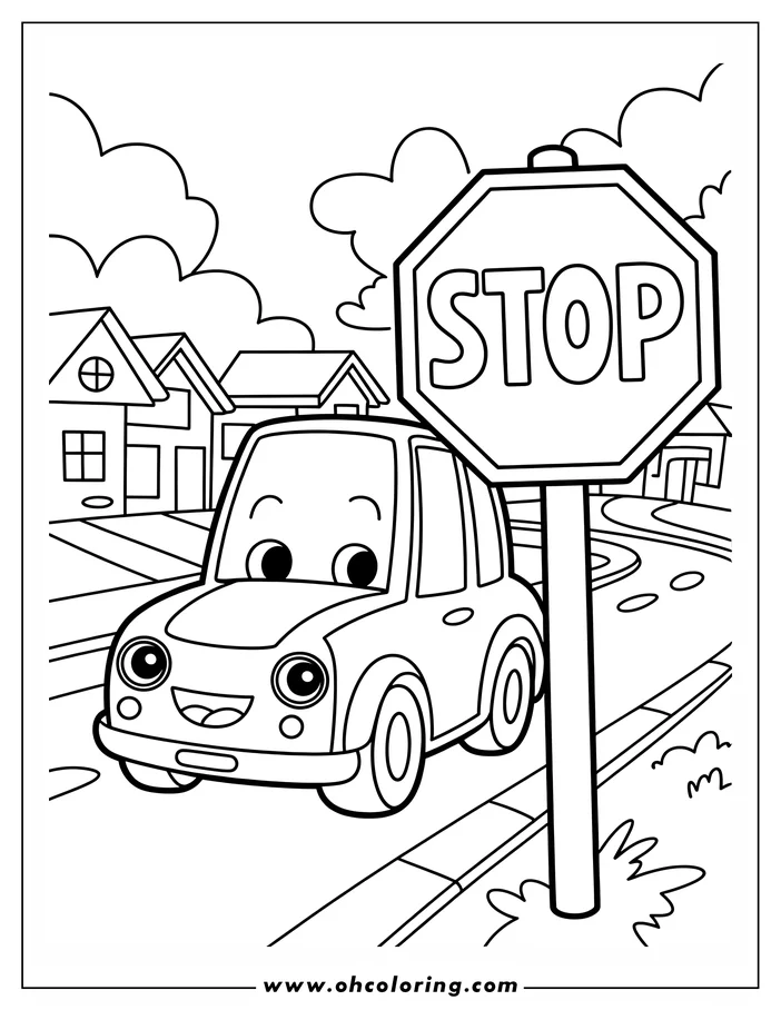 Line art of a friendly car paused at a stop sign on a neighborhood street. Houses are visible in the background.