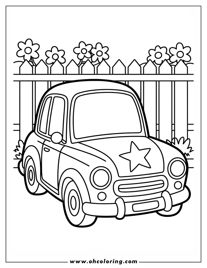 Outline of a cartoon car parked by a flower-topped picket fence.