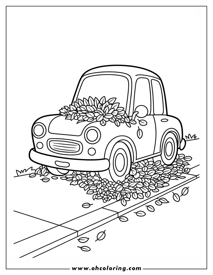Outline of a car parked on a street, covered with fallen autumn leaves on its hood and around its tires. Several leaves are scattered on the sidewalk and the street.