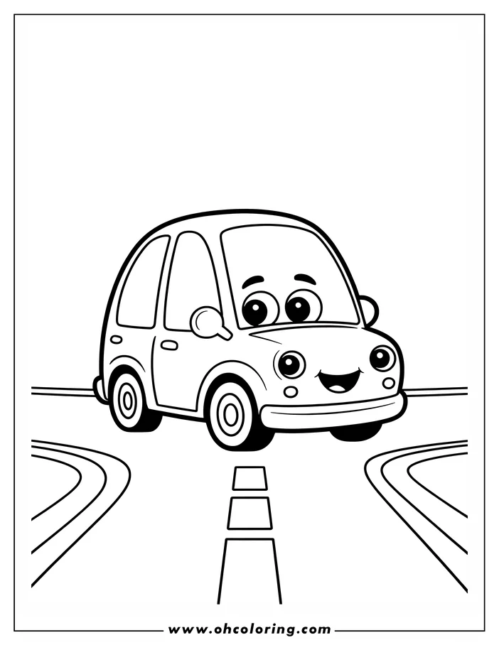 Outline of a cheerful cartoon car driving down a curving road.