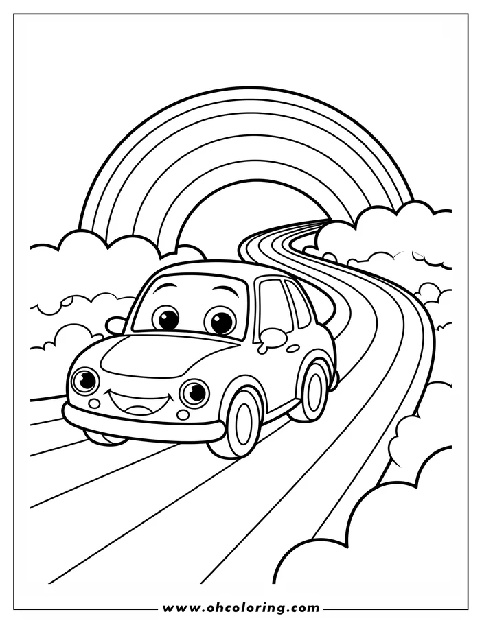 Line art of a cartoon car driving on a winding road towards a large rainbow. Clouds float around the scene.