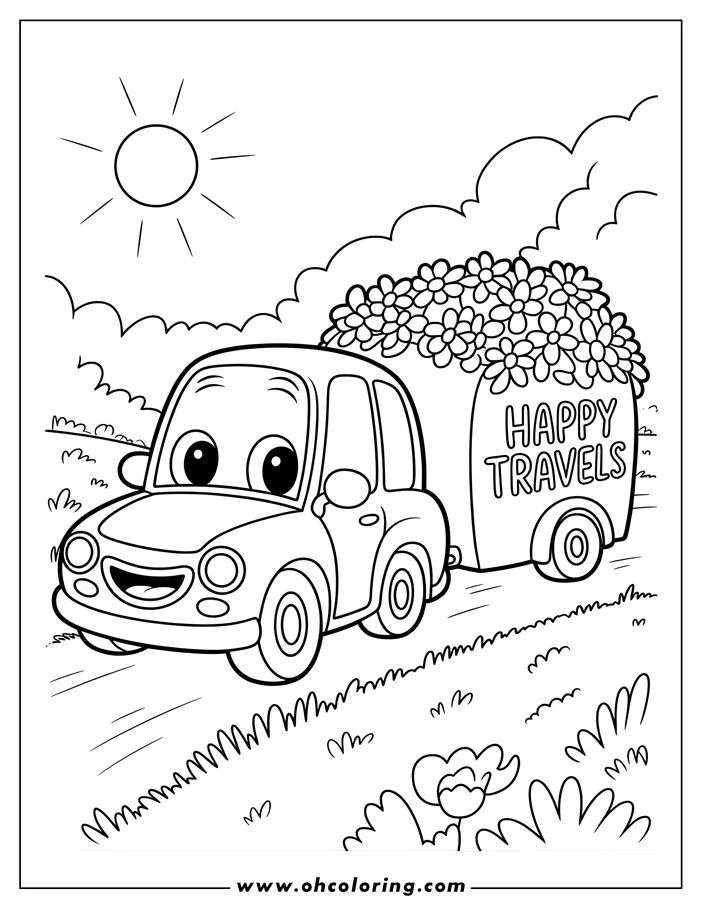 Line drawing of a cartoon car towing a small trailer full of flowers. The phrase "Happy Travels" is written on the trailer, and the car has a smiling face. The background includes a sun, grass, and flowers.