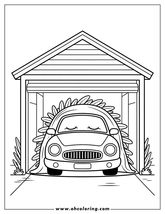 Outline of a car parked inside a garage, covered with a decorative car cover.