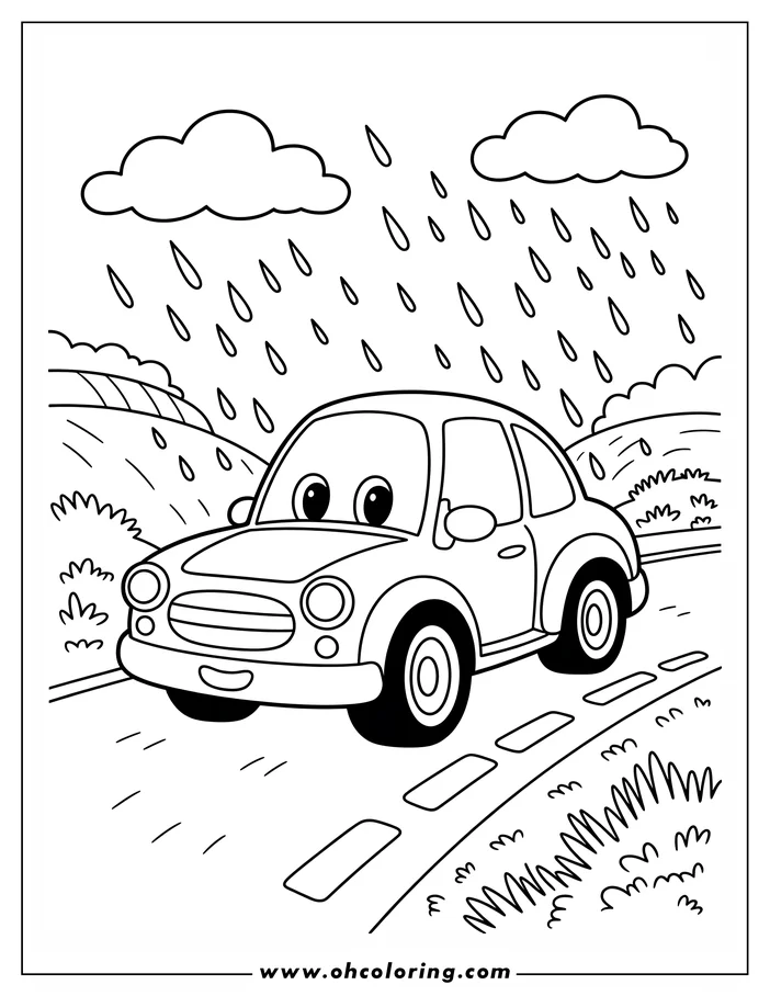 Outline of a cute car driving in the rain.  Raindrops fall from clouds above as the car travels down the road.