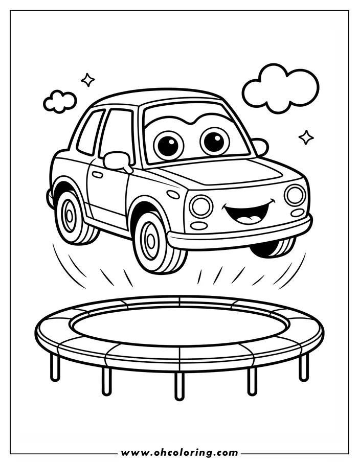 Outline drawing of a happy cartoon car bouncing on a trampoline.