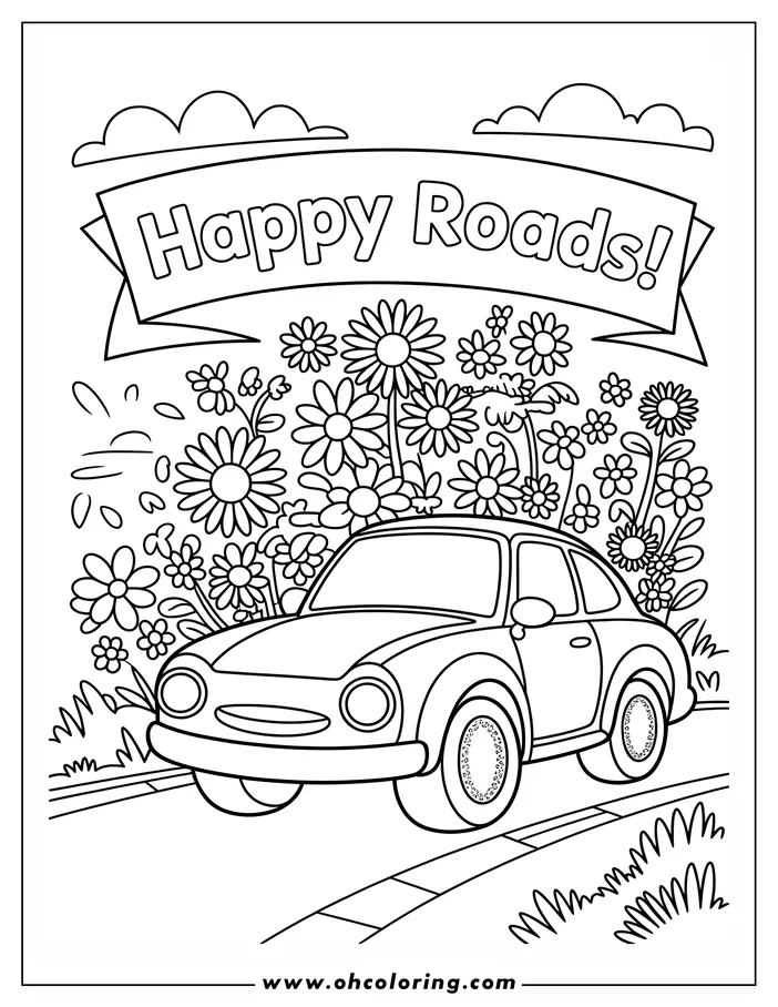 Line art illustration of a car with flowers filling up the back seat, driving down a road with the words 'Happy Roads!' overhead.