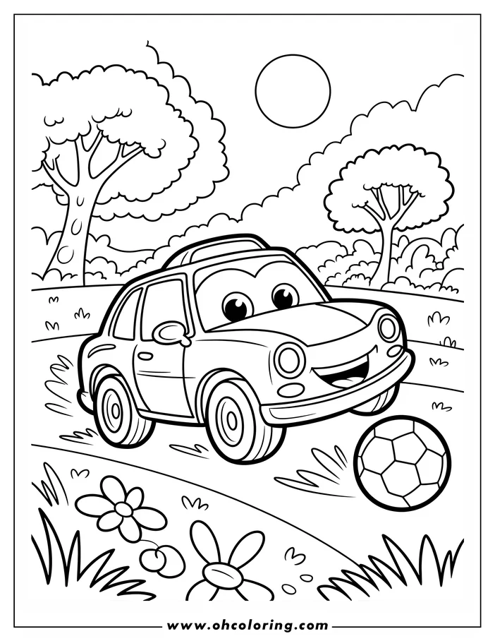 Line art of a happy car pushing a soccer ball on a path, with flowers and trees in the background.