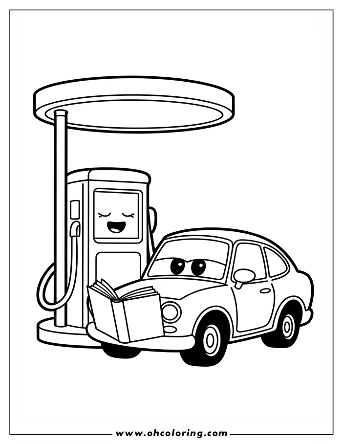 Line drawing of a car reading an open book while parked next to a gas pump at a gas station.