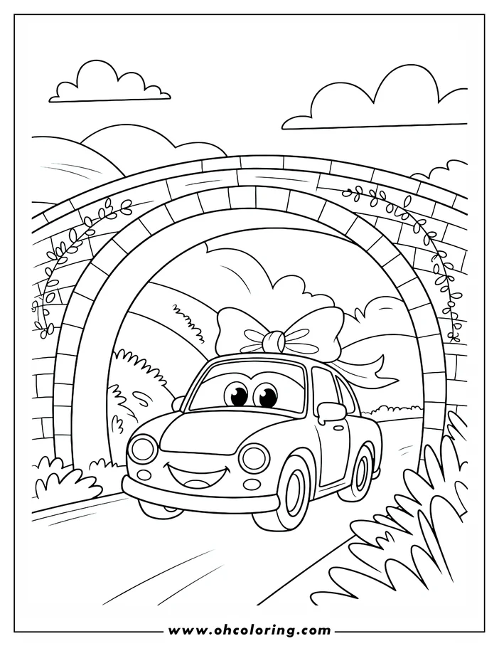 Outline of a happy car with a bow driving under a brick bridge in a simple countryside setting.