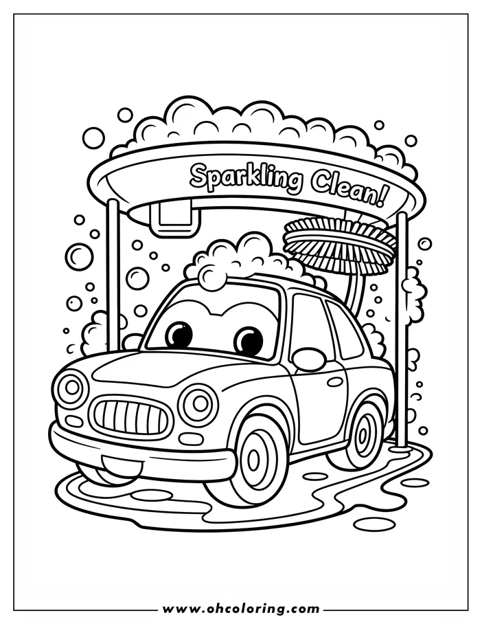 Line drawing of a cartoon car getting a car wash. Bubbles float around the car as it gets scrubbed with a brush.