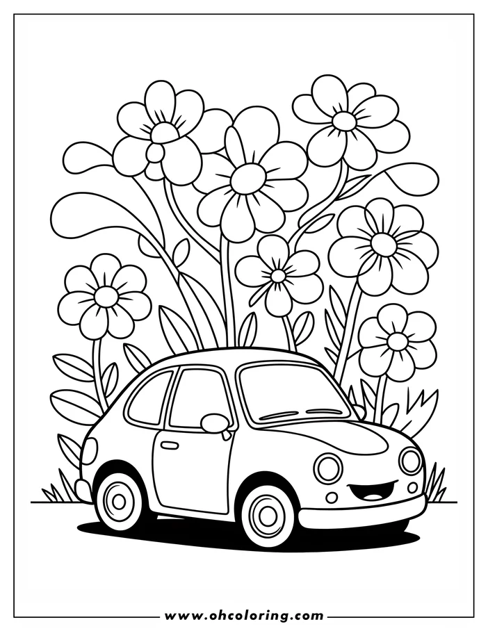 Outline of a cute, smiling cartoon car with simple rounded design sitting in front of several large flowers and leaves.
