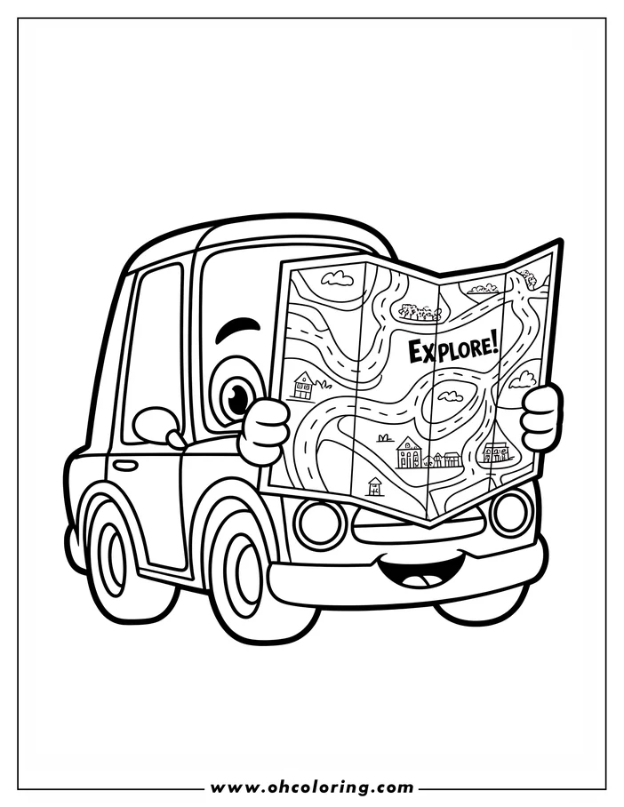 Outline of a cartoon car holding a map marked with "EXPLORE!"