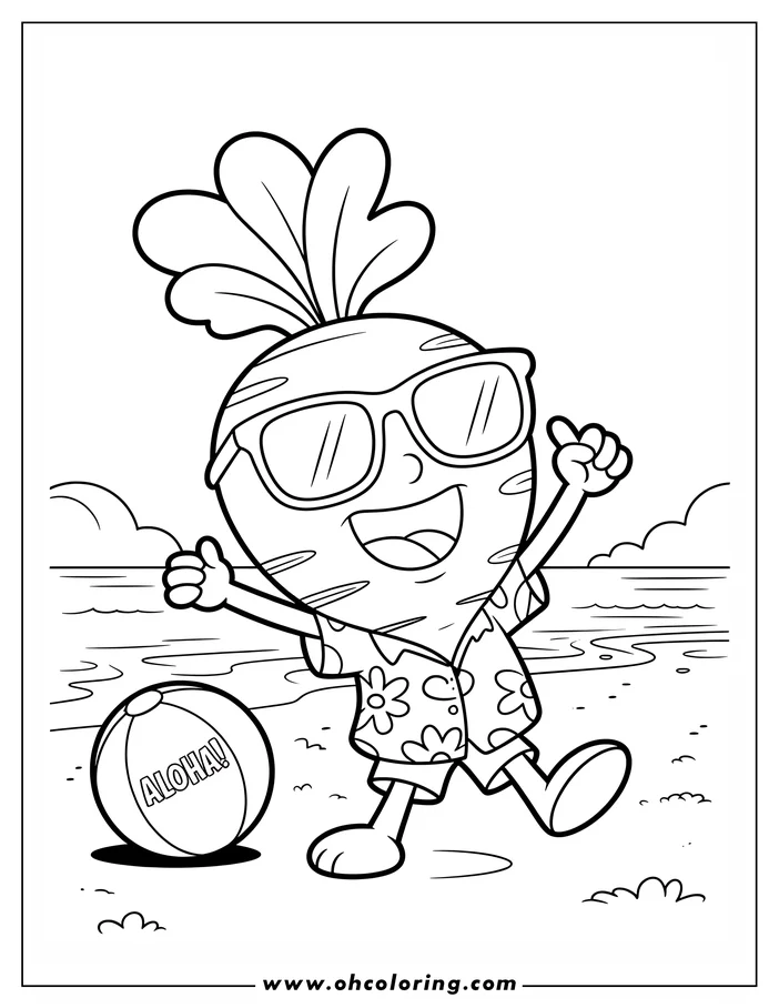 Line art of a cartoon carrot on a beach. The carrot is wearing sunglasses and a Hawaiian shirt, walking happily near a beach ball that says ALOHA! Simple waves and a sandy shore are in the background, ready for coloring.