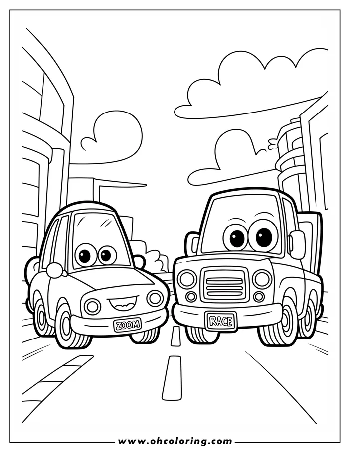 Two cartoon cars with large eyes driving on a city street. One has a "ZOOM" license plate, the other "RACE". Buildings and clouds are in the background.