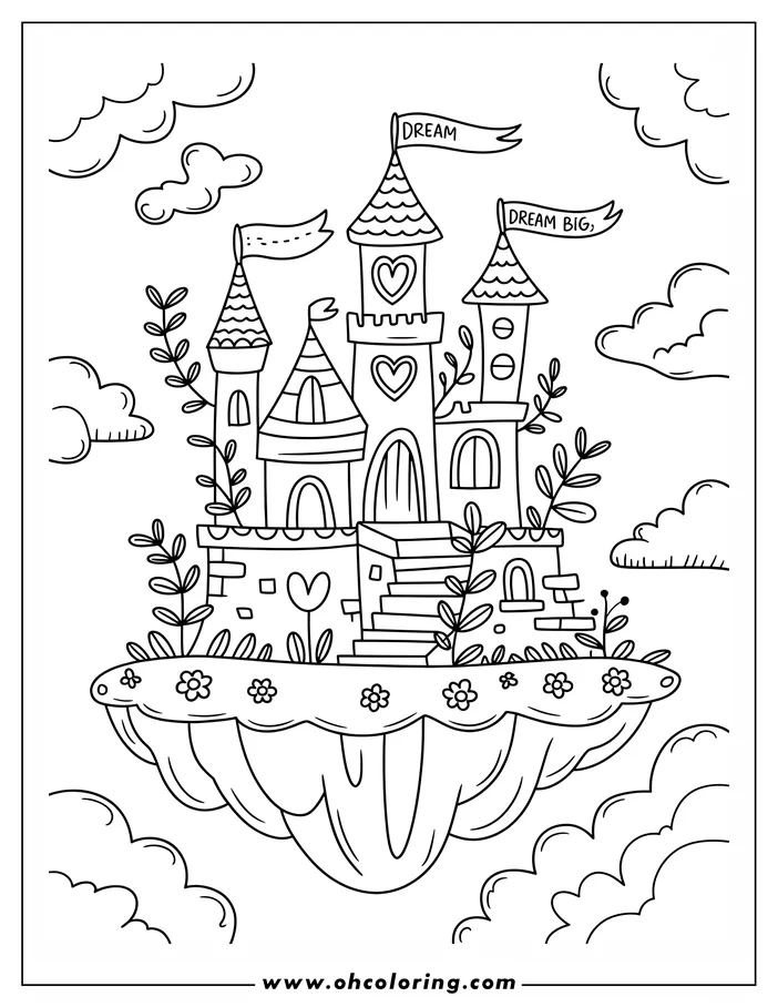 Whimsical line art of a castle floating in the clouds. The castle has three towers decorated with hearts and flags. Flowers and plants grow at the base of the castle on a floating island. This is a coloring sheet design.