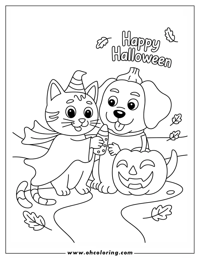Line art of a cat and a dog with a Halloween pumpkin and fallen leaves. The cat wears a cape and hat, and the dog has a collar. Text reads 'Happy Halloween'.