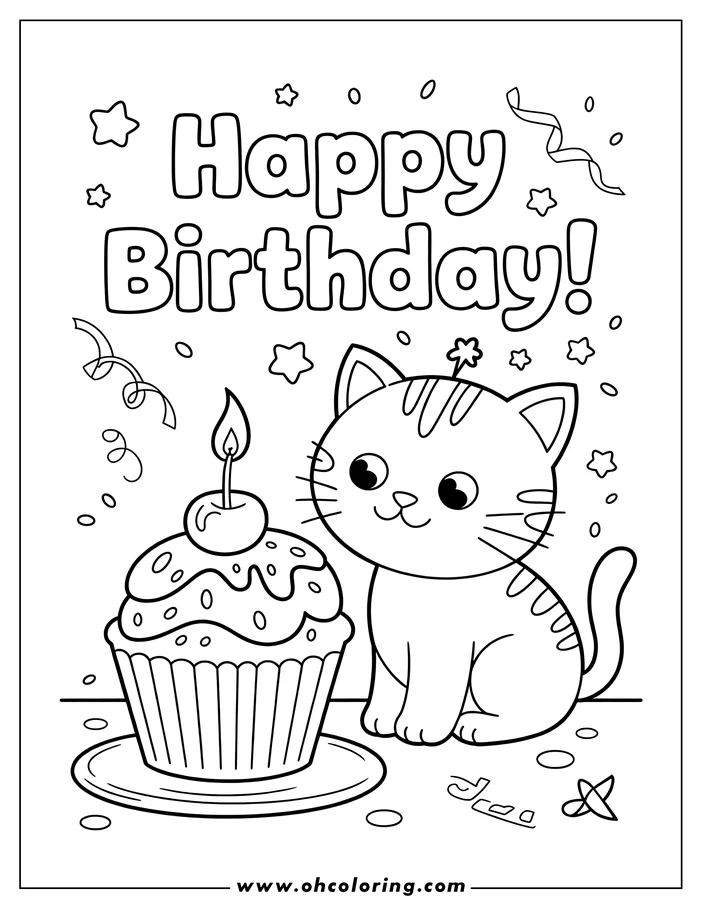 Outline drawing of a cat sitting next to a cupcake with a lit candle on top. There's a party hat on the cat's head.