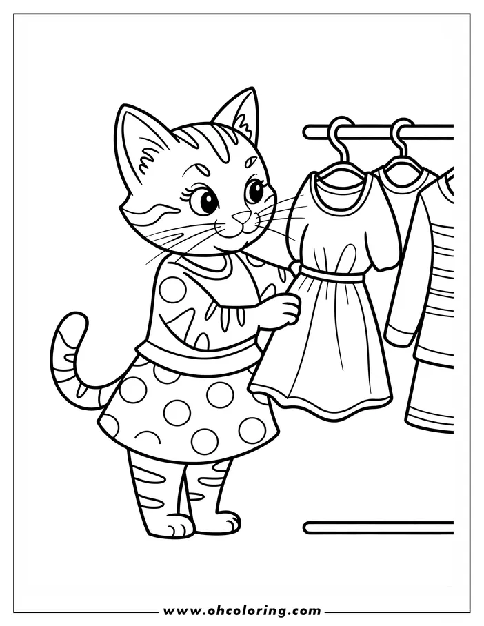 A cat examines a dress hanging on a clothes rack, ready to be colored.