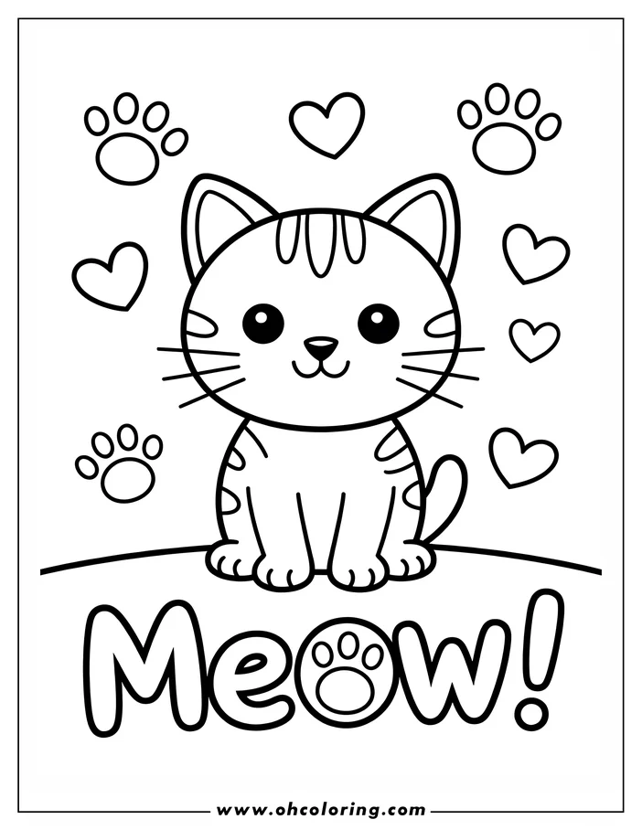 A cute cat meows, surrounded by hearts and paw prints. The word 'meow' is written below the cat.