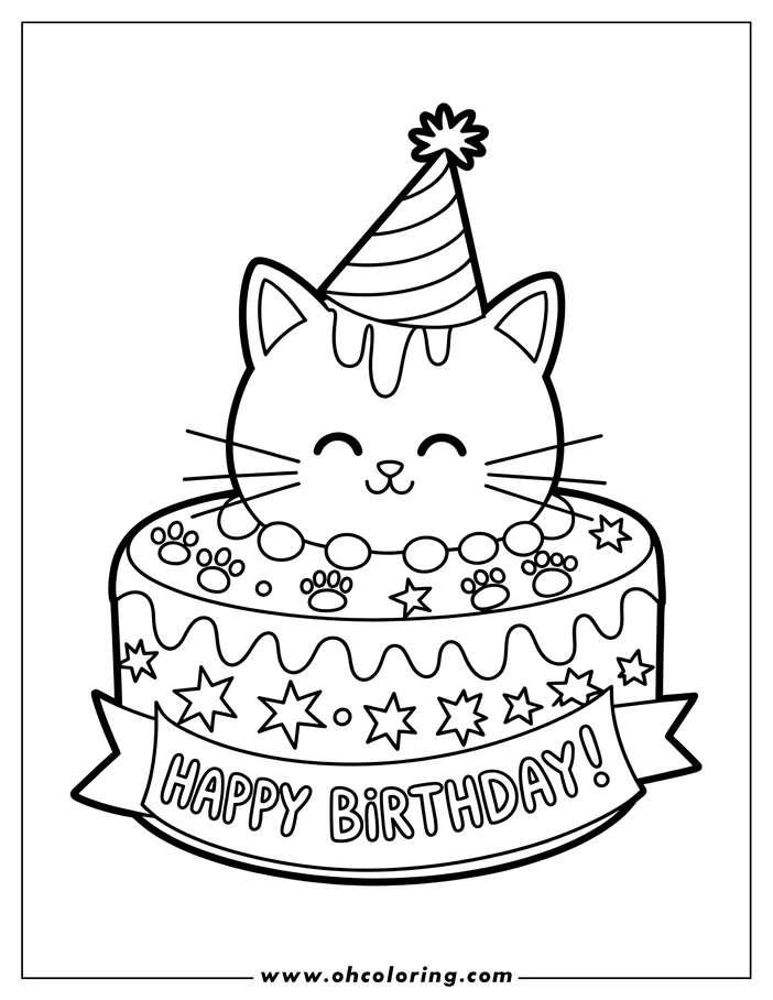Outline of a cat wearing a party hat sitting on a decorated birthday cake with a "Happy Birthday!" banner.