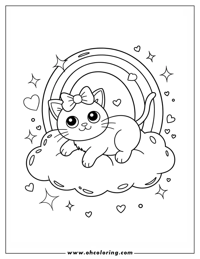 A cat with a bow sits on a cloud with a rainbow behind it. Hearts and stars are scattered around.