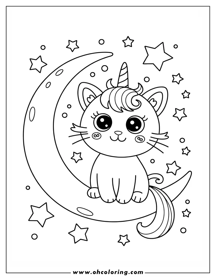 Outline drawing of a cat sitting on a crescent moon with a unicorn horn and surrounded by stars.