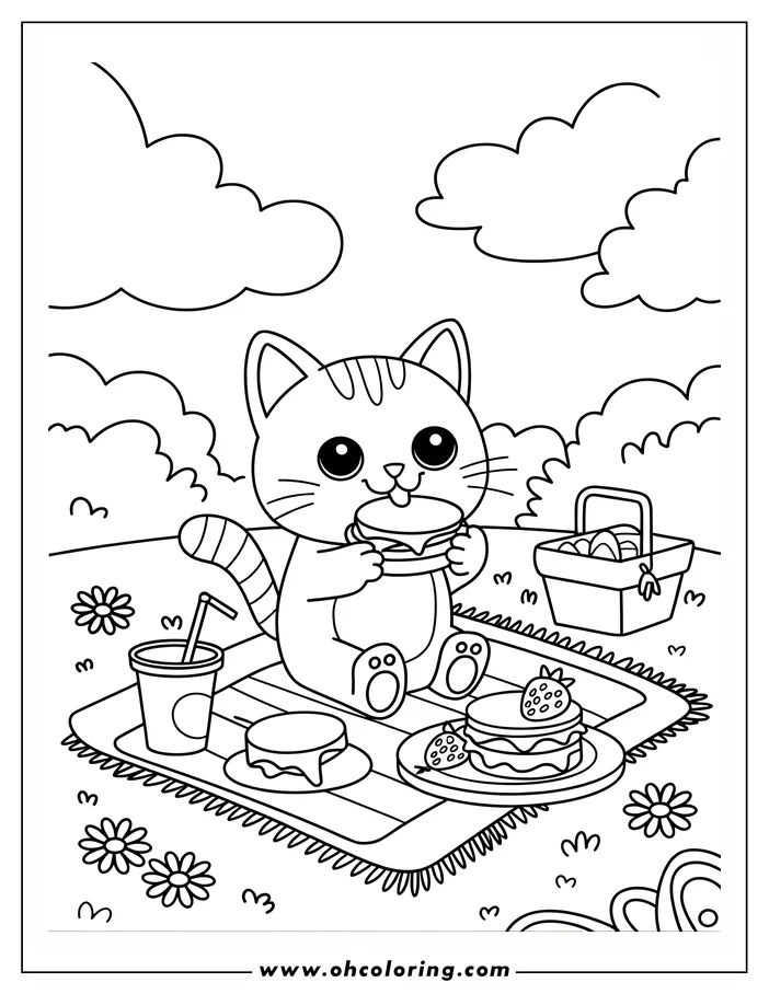 A cat having a picnic with a burger, cake, and a drink, in a simple outline style.