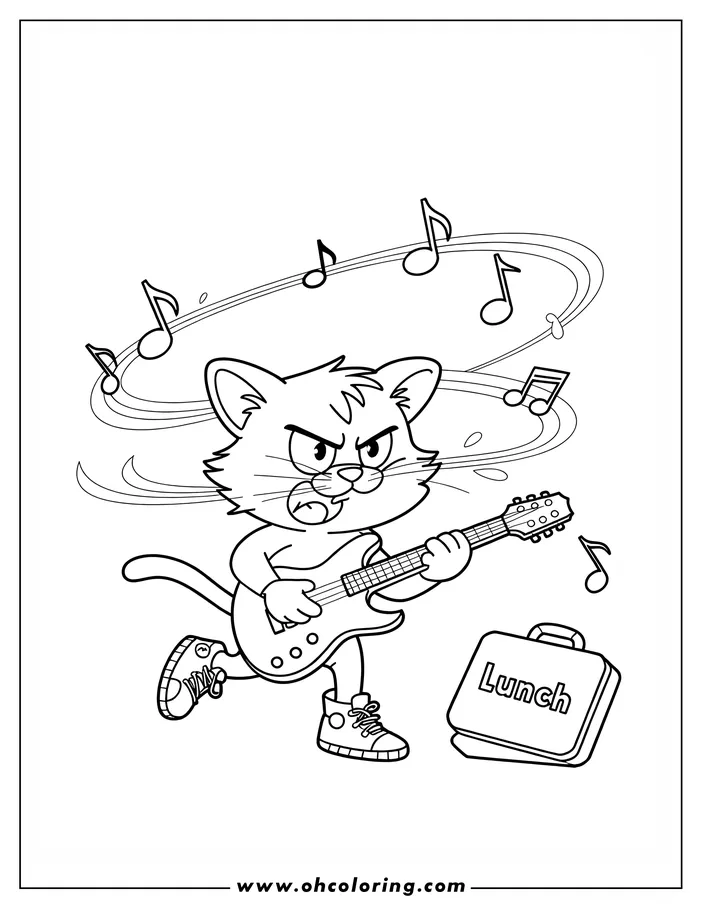 Line art of a cat energetically playing an electric guitar, surrounded by musical notes, with a lunchbox nearby.