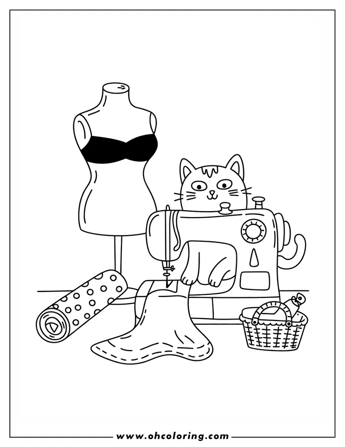 Line art of a cat sewing on a machine, next to a dress form, fabric roll and sewing basket.