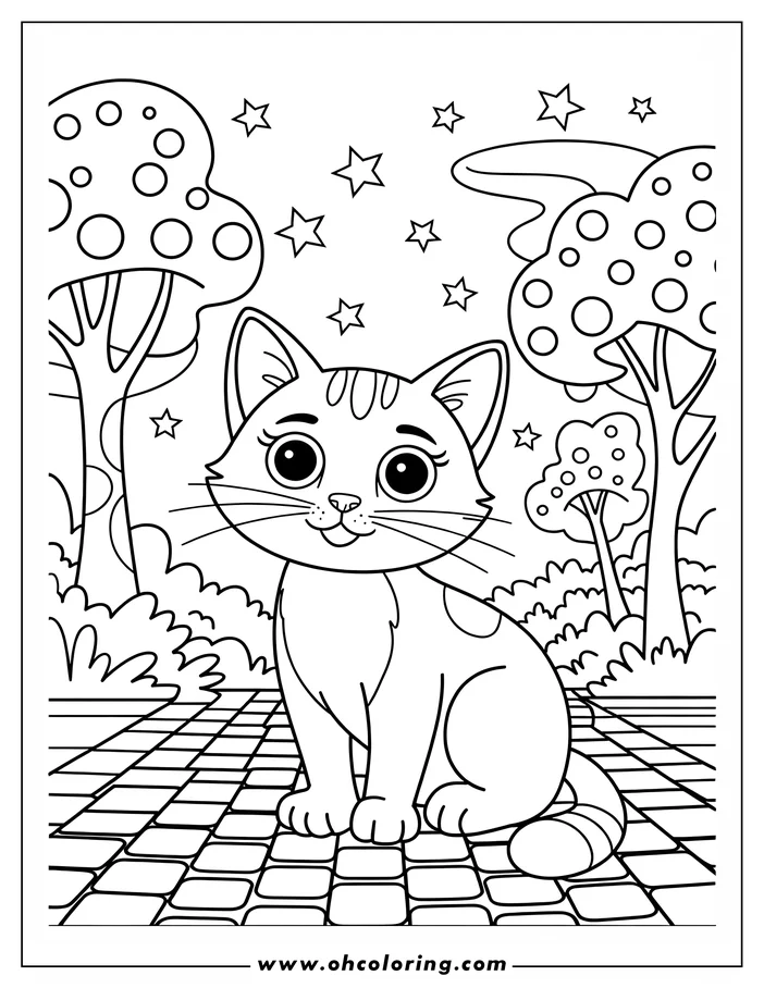 A cat sitting on a brick pathway in a park setting. The cat has stripes on its tail and spots on its fur. Trees with unusual dotted patterns and stars make up the background