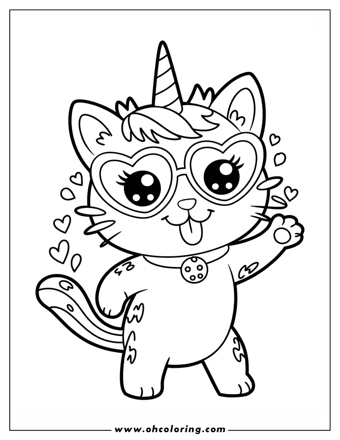 Line art of a cat with a unicorn horn, wearing heart-shaped glasses and a collar, sticking out its tongue.
