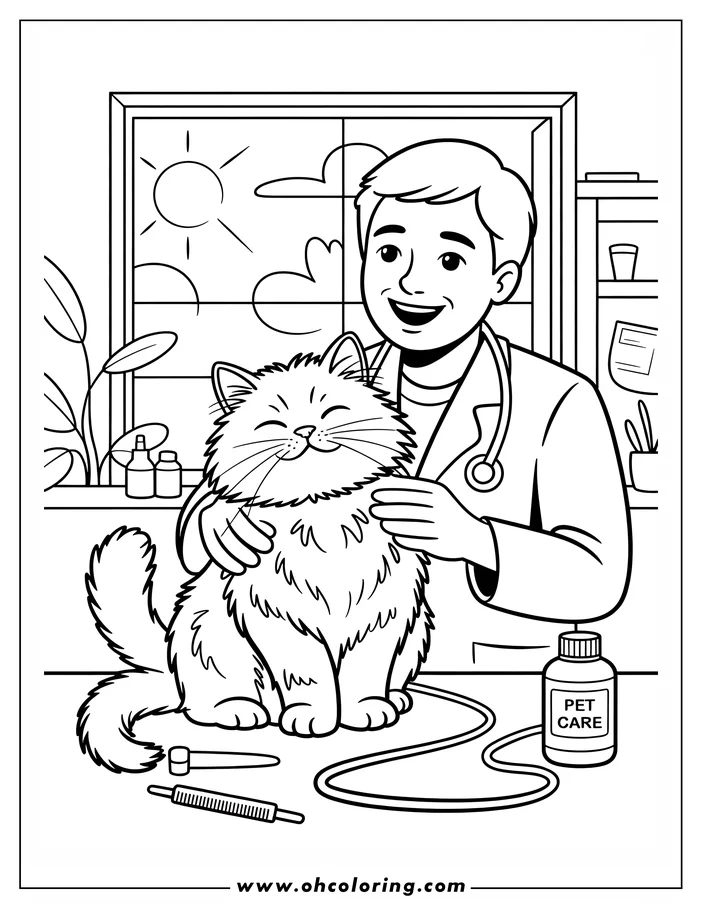 Line art of a veterinarian examining a fluffy cat. The cat sits calmly on the table while the vet gently holds it. Medical supplies are visible in the scene.